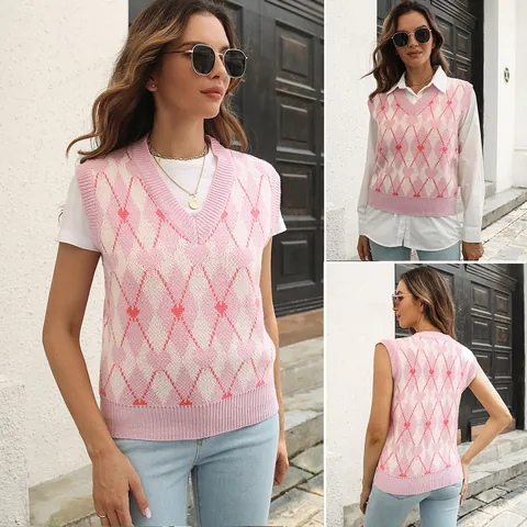 Y2K Argyle Heart Pattern V Neck Knit Vest Top Women Sleeveless Streetwear Vintage Pink White Sweater Knitwear Pullover