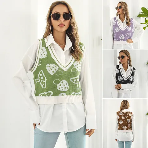 Chaleco de Punto para Mujer Estilo Colegial Lindo Champiñón Jacquard Cuello en V Sin Mangas Casual