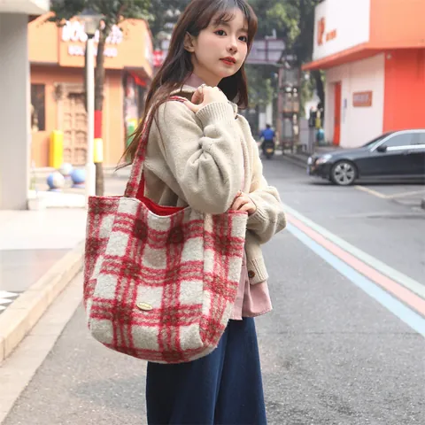 Women Reversible Woolen Tote Bag Large Capacity Shoulder Bag Striped Leopard Print Plaid Fashion Casual Shopping Handbag