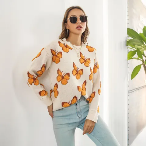 Suéter De Punto Con Jacquard De Mariposa Y2K Para Mujer Jersey De Manga Larga Holgado Para Otoño Invierno Casual