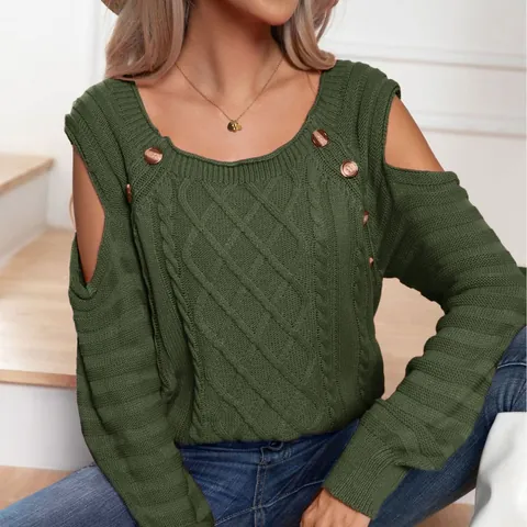Women Cold Shoulder Square Neck Cable Knit Sweater Long Sleeve Button Decoration Pullover Solid Color Acrylic Knit Top