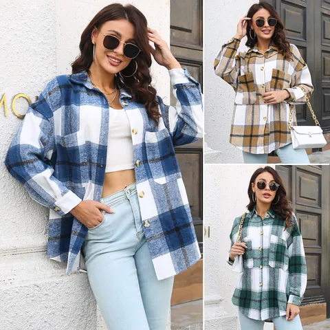 Women Plaid Woolen Shacket Mid-Length Oversized Shirt Coat Loose Long Sleeve Single-Breasted Outerwear With Pockets For Fall