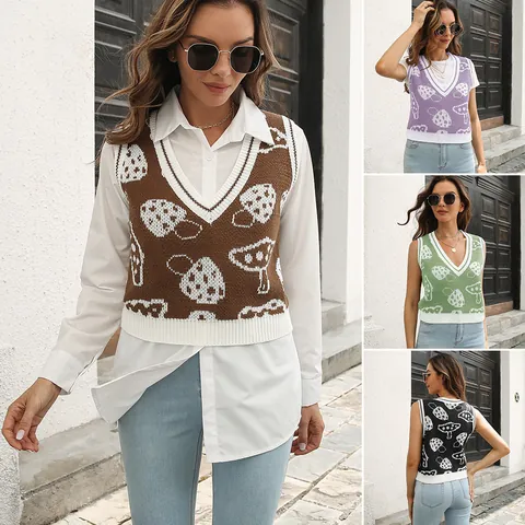 Women Mushroom Jacquard V-Neck Knit Vest Sleeveless Argyle Sweater Waistcoat Preppy Style Autumn Winter Acrylic Pullover Top