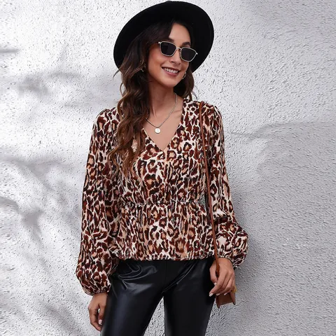 Women V Neck Lantern Sleeve Chiffon Blouse Elegant Printed Peplum Waist Top Spring Autumn Floral Plaid Leopard Print Shirt