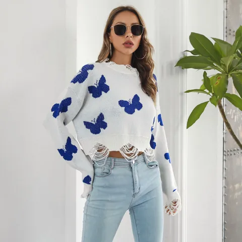 Women Y2K Butterfly Jacquard Distressed Knit Sweater Cropped Long Sleeve Crew Neck Pullover Streetwear Acrylic Jumper