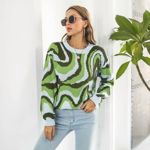 Women Casual Oversized Acrylic Sweater Tie Dye Marble Wave Jacquard Pattern Round Neck Long Sleeve Pullover Autumn Winter Fashion Top