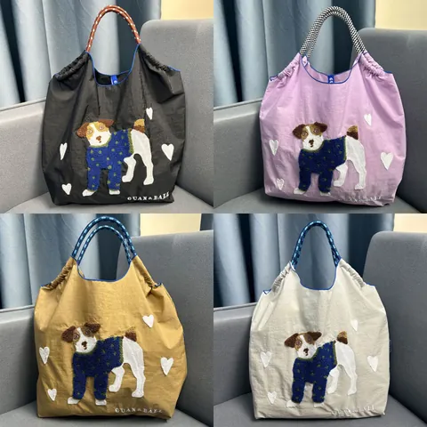 Embroidered Pug Nylon Tote Bag Spacious Foldable Shopping Bag For Women Travel Cute Dog Pattern Casual Shoulder Bag