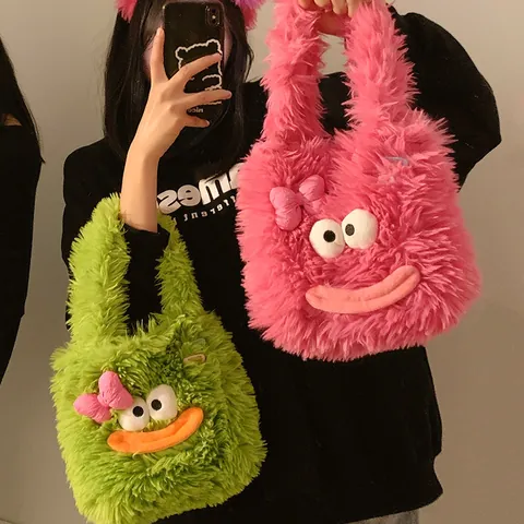 Cute Ugly-Cute Plush Tote Bag For Women Autumn Winter Large Capacity Faux Fur Shoulder Bag Soft Fuzzy Cartoon Handbag