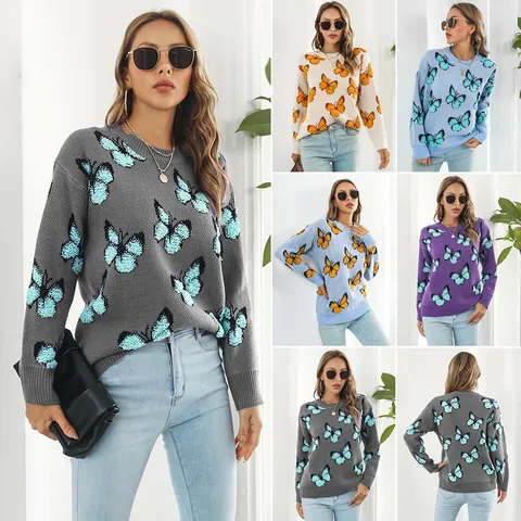 Suéter De Punto Con Jacquard De Mariposa Y2K Para Mujer Jersey De Manga Larga Holgado Para Otoño Invierno Casual