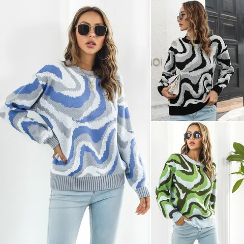 Women Casual Oversized Acrylic Sweater Tie Dye Marble Wave Jacquard Pattern Round Neck Long Sleeve Pullover Autumn Winter Fashion Top