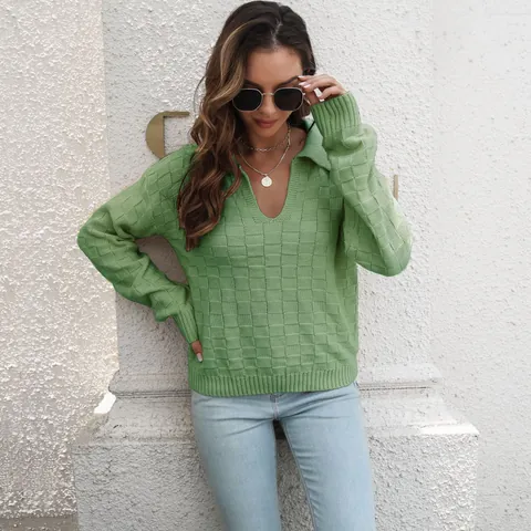 Maglione in Maglia di Acrilico Casual da Donna Vestibilità Larga Quadretti 3D Collo Polo a Revers Manica Lunga Autunno Inverno