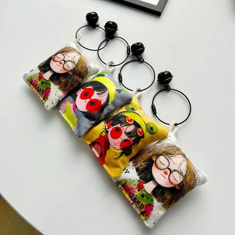Cartoon Girl Panda Rabbit Canvas Mini Pillow Bag Pendant Keychain With Metal Ring Bell Dopamine Trend Bag Charm For Women Gift