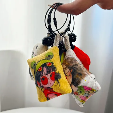 Cartoon Girl Panda Rabbit Canvas Mini Pillow Bag Pendant Keychain With Metal Ring Bell Dopamine Trend Bag Charm For Women Gift