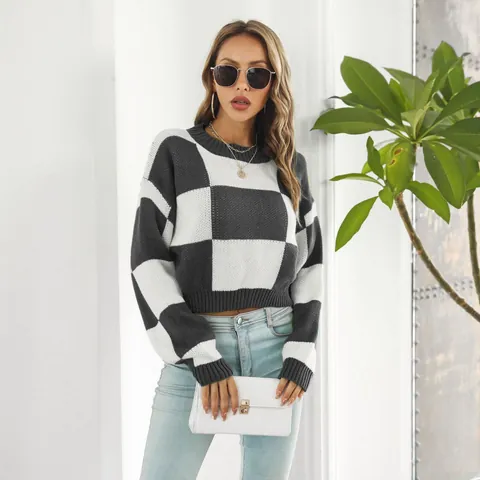 Women Cropped Checkerboard Knit Sweater Casual Long Sleeve Jacquard Plaid Pullover Top Elegant Urban Knitwear For Daily Wear