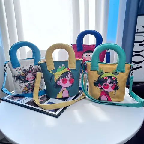 Original Hand-Painted Cartoon Girl Canvas Bucket Bag Cute Design Small Handbag For Women Crossbody Shoulder Bag With Adjustable Strap