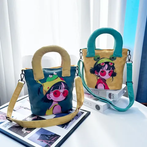 Original Hand-Painted Cartoon Girl Canvas Bucket Bag Cute Design Small Handbag For Women Crossbody Shoulder Bag With Adjustable Strap