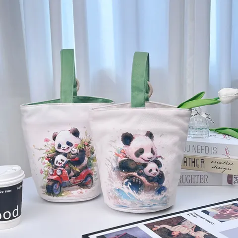 Women Fresh Panda Illustration Canvas Bucket Bag Handbag With Wooden Rings Printed Cotton Hand Tote Everyday Casual Purse
