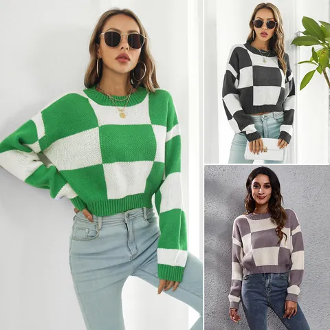 Women Cropped Checkerboard Knit Sweater Casual Long Sleeve Jacquard Plaid Pullover Top Elegant Urban Knitwear For Daily Wear