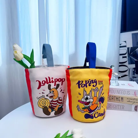 Trendy Women Cartoon Animal Canvas Bucket Bag Retro Cat Dog Print Handbag High Quality Contrast Color Wide Strap Tote Bag
