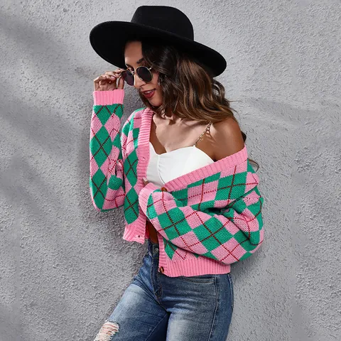 Women Argyle Jacquard Knit Cardigan V-Neck Button Up Long Sleeve Cropped Acrylic Sweater Loose Fit Patchwork Top