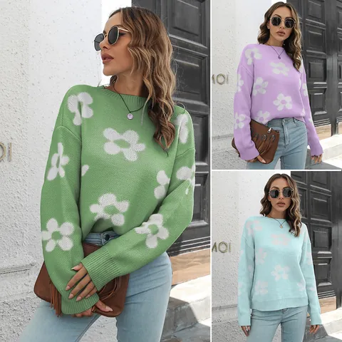 Dames Floral Jacquard Gebreide Trui Losse Ronde Hals Madeliefje Lange Mouw Pullover Herfst Winter Acryl Top
