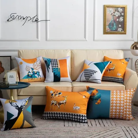 Nordic Creative Plush Decorative Pillow Cover Nordic Style Reindeer Houndstooth Printed Square Cushion Case For Sofa Living Room Decor