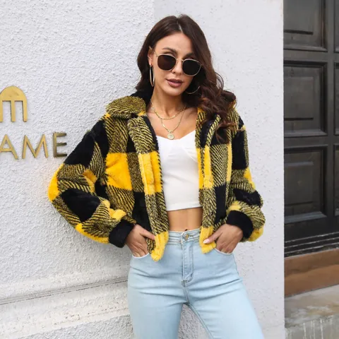 Women Plaid Polar Fleece Jacket Lantern Sleeve Loose Fit Short Coat Casual Single Breasted Plaid Outerwear Top For Autumn Winter