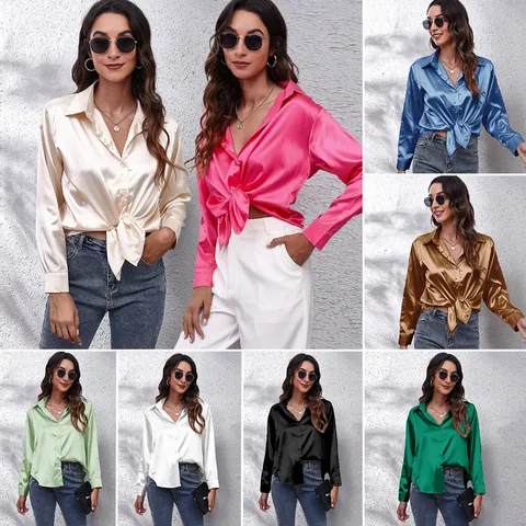 Women Elegant Satin Long Sleeve Shirt Turn-down Collar Office Lady Blouse Loose Fit Solid Color Polyester Top