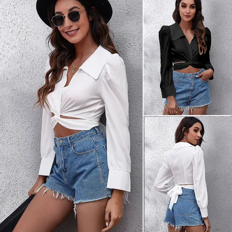 Women Peter Pan Collar Chiffon Blouse Puff Long Sleeve Front Twist Tie Back Cropped Top Sexy Fashion Shirt