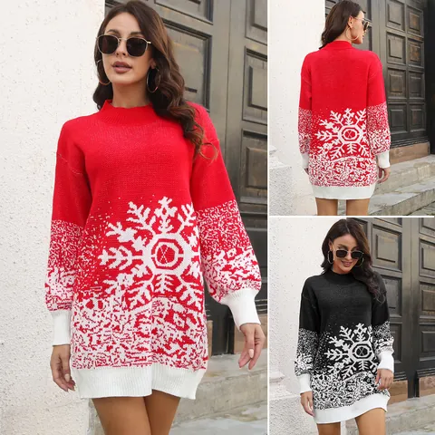 Women Christmas Snowflake Jacquard Knit Sweater Dress Lantern Sleeve Loose Pullover Mini Dress Autumn Winter Elegant Holiday Party Apparel