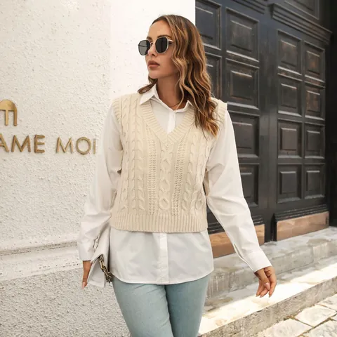Women's V-Neck Cable Knit Sweater Vest Sleeveless Acrylic Pullover Knitwear Solid Color Casual Urban Style Warm Waistcoat