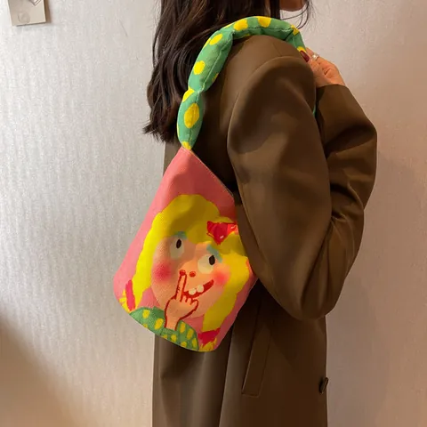 Niche Design Cartoon Canvas Tote Bag Women Large Capacity Handbag Candy Color Checkerboard Printed Casual Commuter Lunch Bag