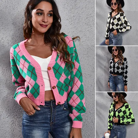 Women Argyle Jacquard Knit Cardigan V-Neck Button Up Long Sleeve Cropped Acrylic Sweater Loose Fit Patchwork Top