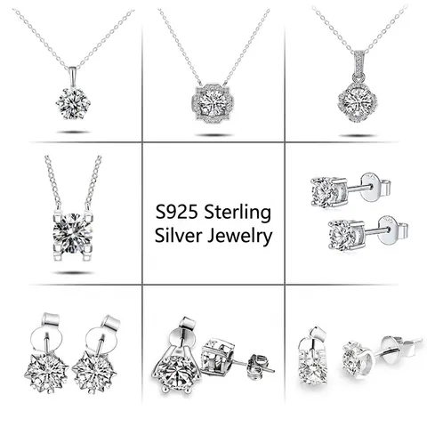 GRA S925 Sterling Silver Lab-Grown Diamond Ring Necklace Earrings IGI Certified D Color VVS Clarity Fine Jewelry Set