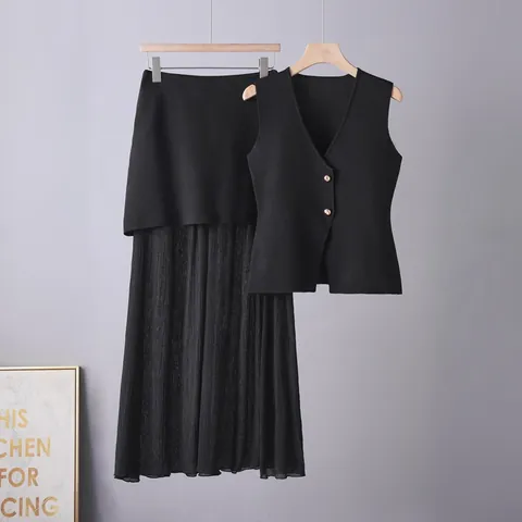Conjunto de Falda de Punto de Dos Piezas para Mujer Chaleco Sin Mangas con Cuello en V Top y Falda Midi Plisada Conjunto Elegante
