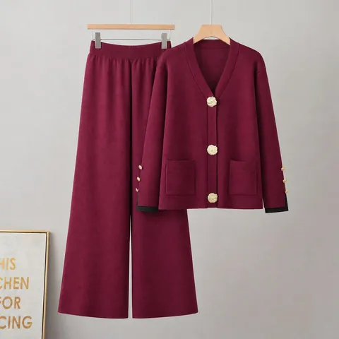 Dames Gebreide Top en Broek Set V-hals Knoop Cardigan Wijde Pijpen Broek Casual Herfst Winter Elegante Gebreide Outfit