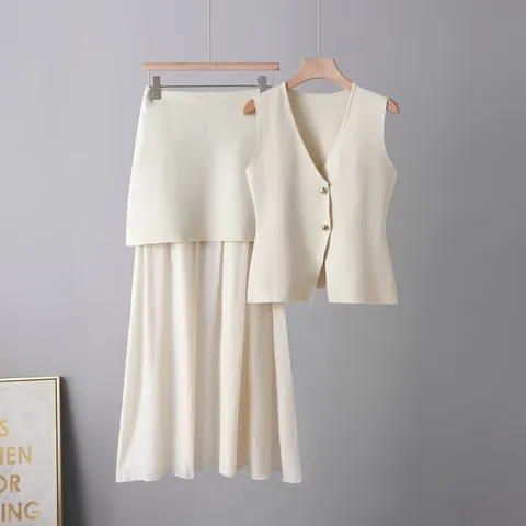 Conjunto de Falda de Punto de Dos Piezas para Mujer Chaleco Sin Mangas con Cuello en V Top y Falda Midi Plisada Conjunto Elegante