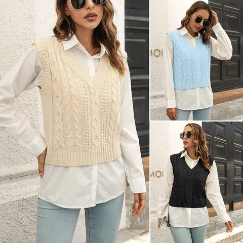 Women's V-Neck Cable Knit Sweater Vest Sleeveless Acrylic Pullover Knitwear Solid Color Casual Urban Style Warm Waistcoat
