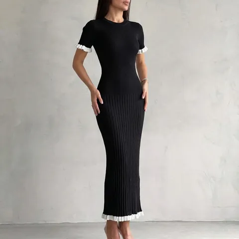 Women's Mercerized Cotton Knit Ribbed Slim Fit Maxi Dress With Contrast Ruffle Trim For Vacation Party