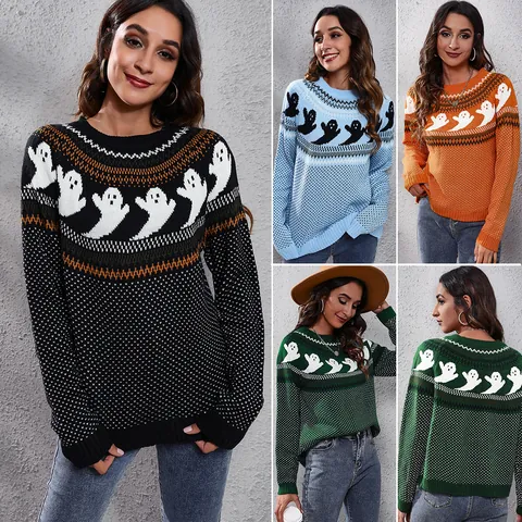 Halloween Ghost Pattern Retro Polka Dot Knit Sweater Women Loose Long Sleeve Round Neck Pullover Autumn Winter Acrylic Jumper