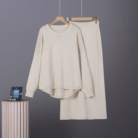 Women's Autumn Winter Knit Top And Bottom Long Sleeve Crew Neck Pullover Sweater And Midi Skirt Casual Elegant Outfit
