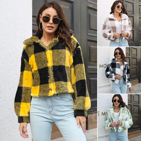 Women Plaid Polar Fleece Jacket Lantern Sleeve Loose Fit Short Coat Casual Single Breasted Plaid Outerwear Top For Autumn Winter
