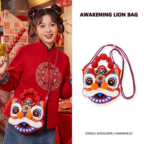 Cartoon Chinese Lion Dance Plush Bag For Women Kids Red Festive Embroidery Crossbody Shoulder Handbag New Year Gift