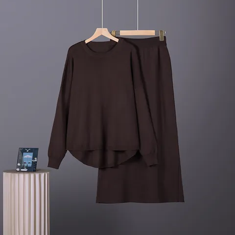 Women Casual Knit Sweater Top And Bottom Round Neck Long Sleeve Solid Color Stitched Two Piece Outfit For Winter