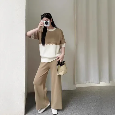 Γυναικείο Πλεκτό Πάνω και Κάτω Μέρος Patchwork Casual Στρογγυλή Λαιμόκοψη Δαντέλα Patchwork Τοπ Παντελόνα Φαρδιά Κορεάτικο Στυλ Μόδα