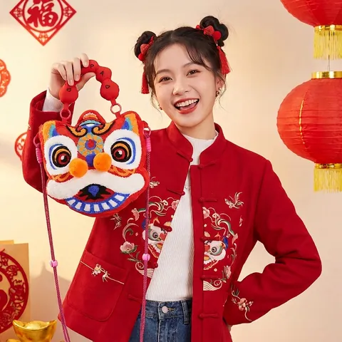 Cartoon Chinese Lion Dance Plush Bag For Women Kids Red Festive Embroidery Crossbody Shoulder Handbag New Year Gift