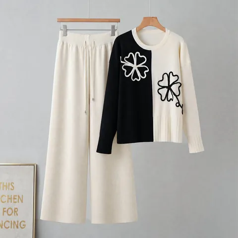 Women Color Block Knit Pullover Floral Embroidered Top And Wide Leg Pants Winter Outfits Commuting Fashion Clothing