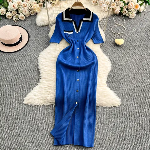 Vestido de Punto para Mujer Cuello Polo Manga Corta Color en Contraste Bordado Letra Corte Ajustado Abertura Lateral Vestido Maxi