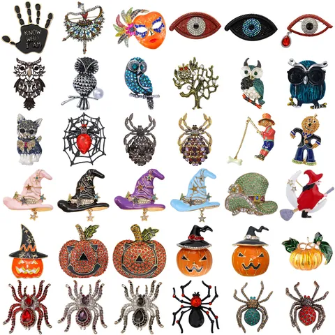 Vintage Alloy Halloween Brooch Rhinestone Spider Pumpkin Witch Hat Horror Party Corsage Jewelry For Women Men Gift