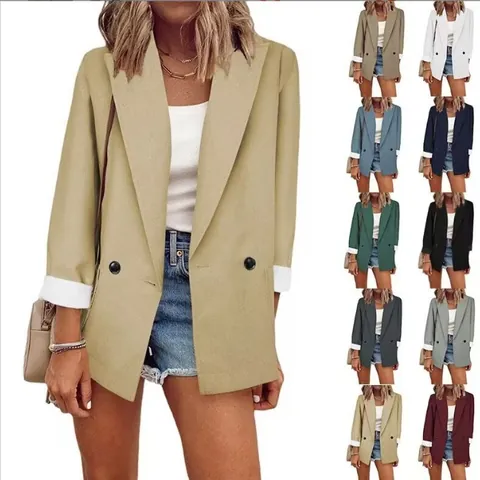 Women Double-Breasted Blazer Office Professional Mid-Length Solid Color Polyester Suit Jacket Elegant Commuter Long Sleeve Outerwear